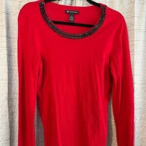 INC International Concepts Red Long Sleeve Top with Embellished Neckline
